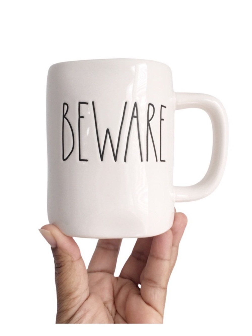 Rae Dunn BEWARE White Ceramic Mug - Minimalist Home Dining Coffee Cup